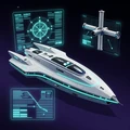 Space trading game - starship at neon space station with holographic trade routes