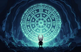 Hollow Knight-inspired atmospheric underground game art - knight silhouette against glowing ancient seal