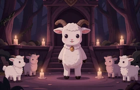 Cult of the Lamb-inspired game art - cute lamb leader with devoted followers in dark forest shrine